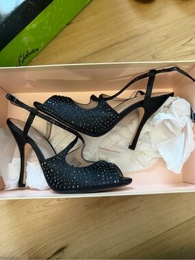 GLINT Black Crystal Embellished Peep-Toe Slingback Heels